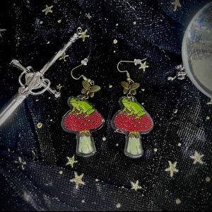 Earrings🍄 🐸 Cottagecore Frog Mushroom Dangle Jewelry Toadstool Whimsical Cute